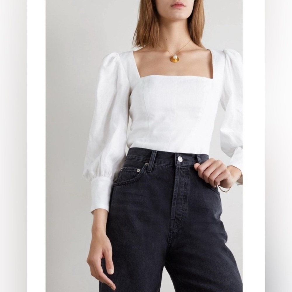 Reformation Stilton White Linen Top Square Neck Blouse Size 4